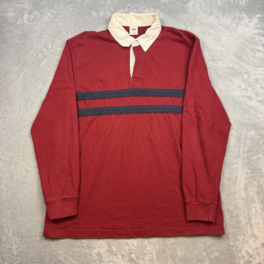 Old Navy Rugby Shirt Mens XL Red Navy Stripe Long Sleeve Cotton Polo